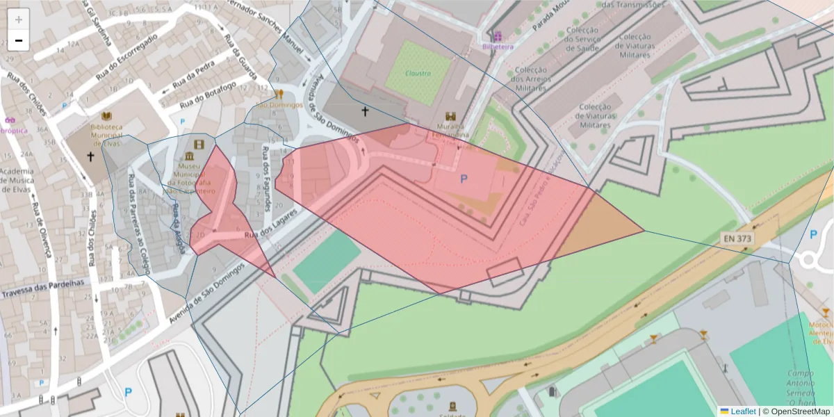 Mapa detalhado do código postal 7350-036 com limites, códigos postais vizinhos e agências dos correios