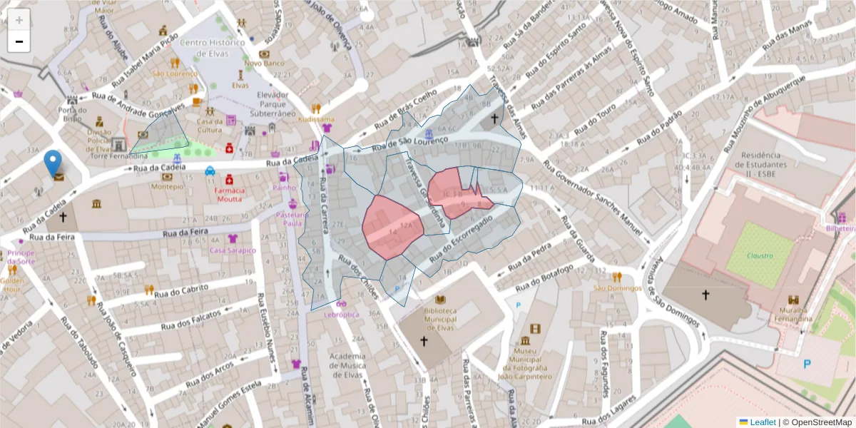 Mapa detalhado do código postal 7350-038 com limites, códigos postais vizinhos e agências dos correios