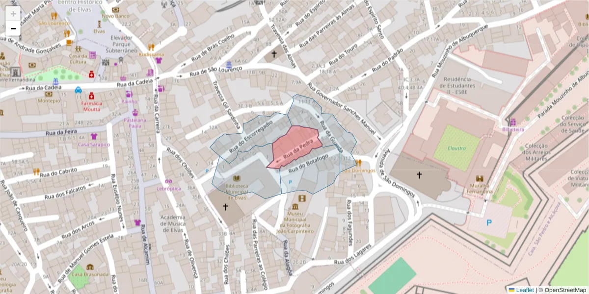 Mapa detalhado do código postal 7350-039 com limites, códigos postais vizinhos e agências dos correios