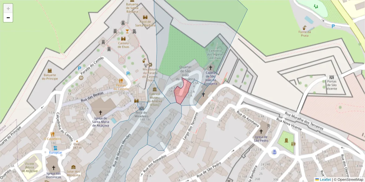 Mapa detalhado do código postal 7350-051 com limites, códigos postais vizinhos e agências dos correios