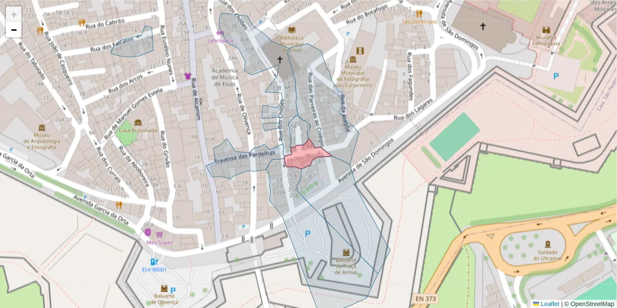 Mapa detalhado do código postal 7350-073 com limites, códigos postais vizinhos e agências dos correios