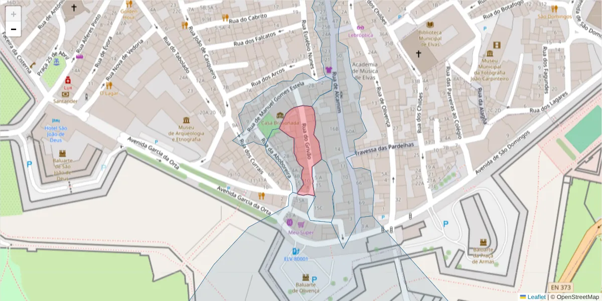 Mapa detalhado do código postal 7350-076 com limites, códigos postais vizinhos e agências dos correios