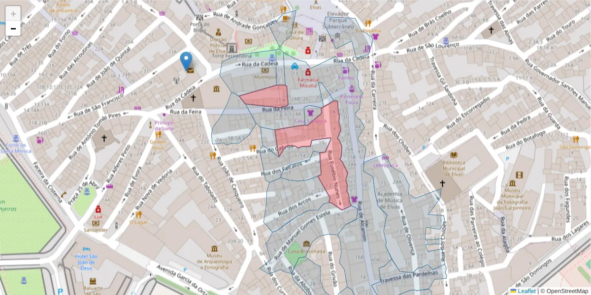 Mapa detalhado do código postal 7350-080 com limites, códigos postais vizinhos e agências dos correios