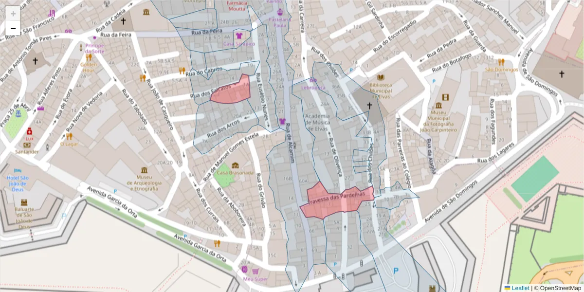 Mapa detalhado do código postal 7350-087 com limites, códigos postais vizinhos e agências dos correios
