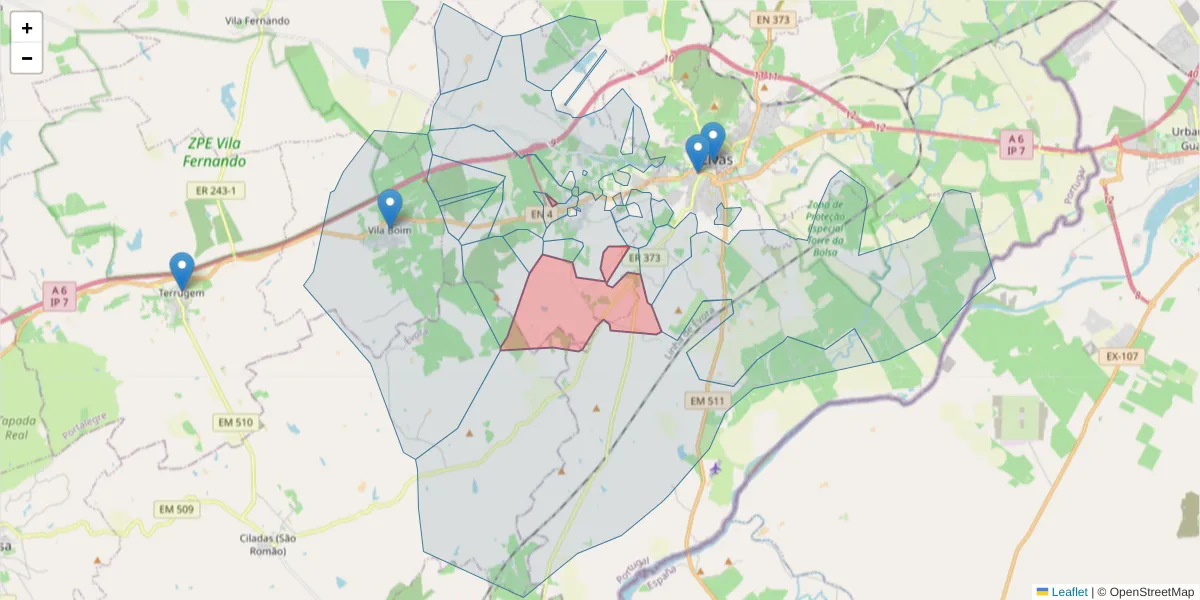 Mapa detalhado do código postal 7350-109 com limites, códigos postais vizinhos e agências dos correios
