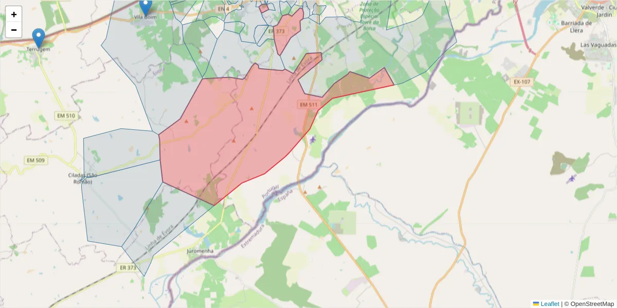 Mapa detalhado do código postal 7350-113 com limites, códigos postais vizinhos e agências dos correios
