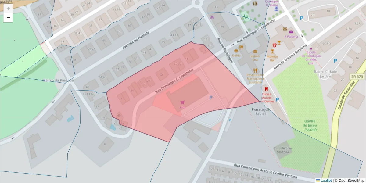 Mapa detalhado do código postal 7350-173 com limites, códigos postais vizinhos e agências dos correios