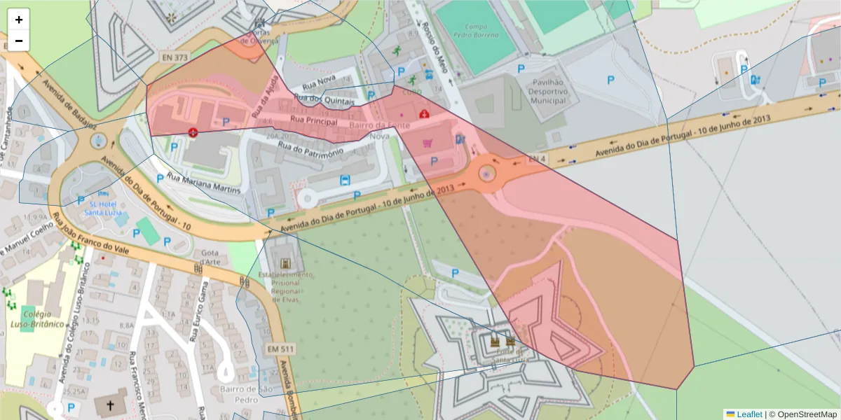 Mapa detalhado do código postal 7350-205 com limites, códigos postais vizinhos e agências dos correios