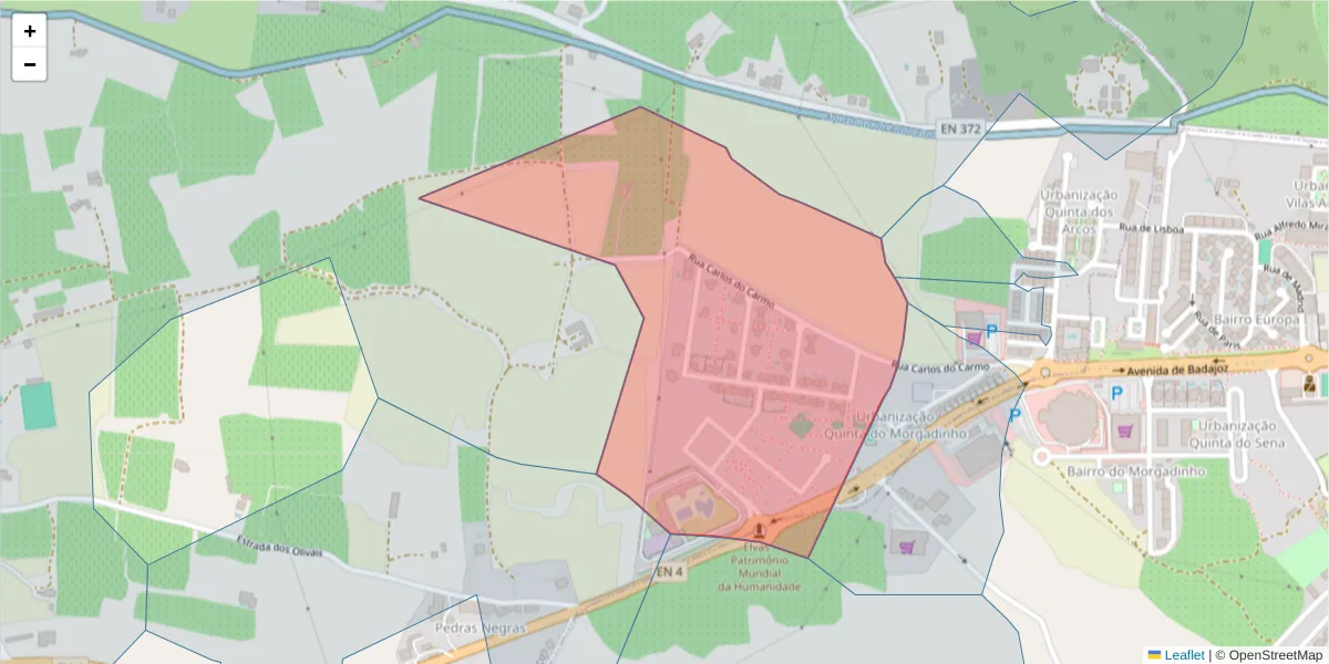 Mapa detalhado do código postal 7350-208 com limites, códigos postais vizinhos e agências dos correios