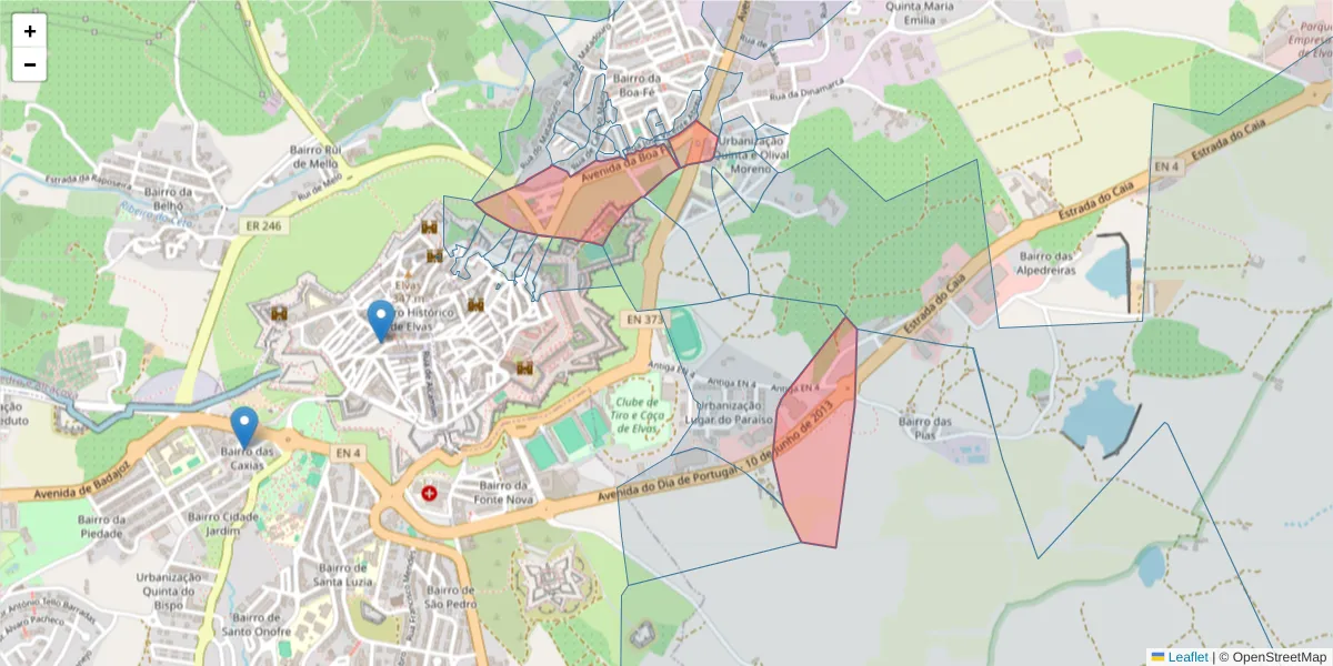 Mapa detalhado do código postal 7350-215 com limites, códigos postais vizinhos e agências dos correios