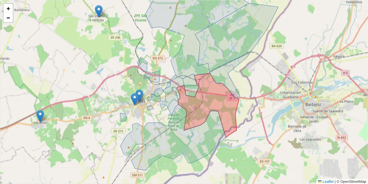 Mapa detalhado do código postal 7350-216 com limites, códigos postais vizinhos e agências dos correios