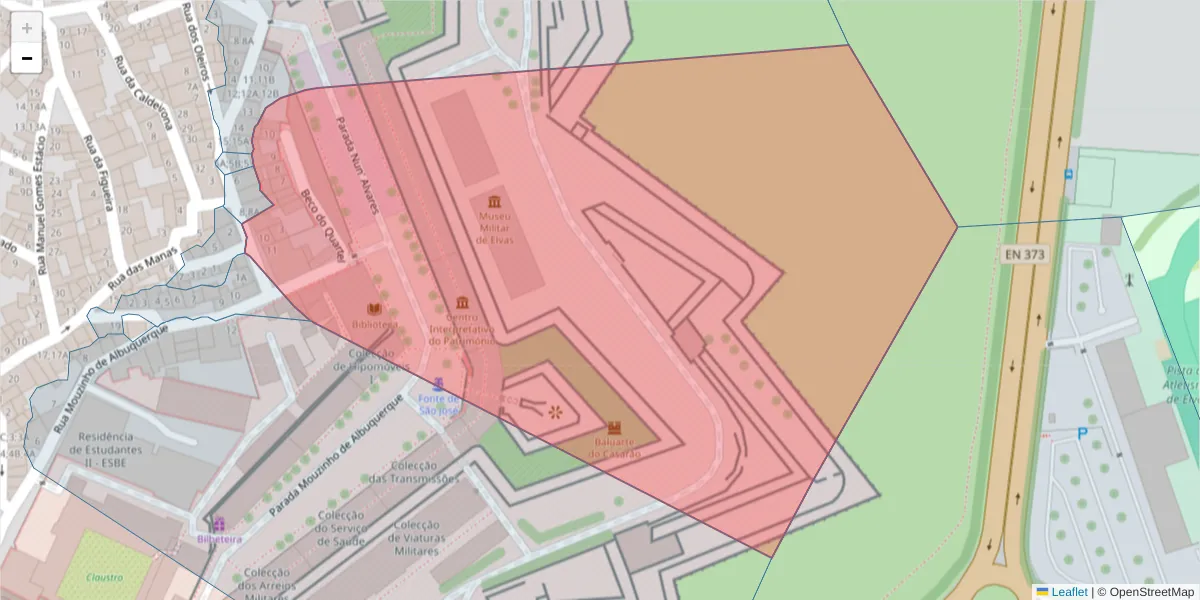 Mapa detalhado do código postal 7350-221 com limites, códigos postais vizinhos e agências dos correios