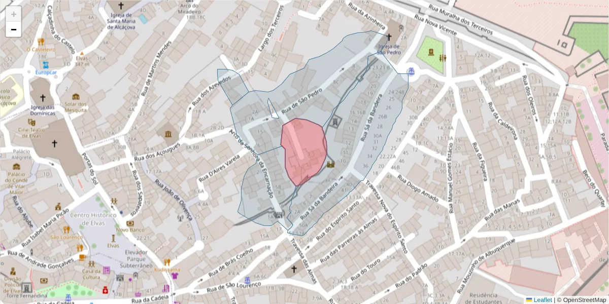 Mapa detalhado do código postal 7350-223 com limites, códigos postais vizinhos e agências dos correios