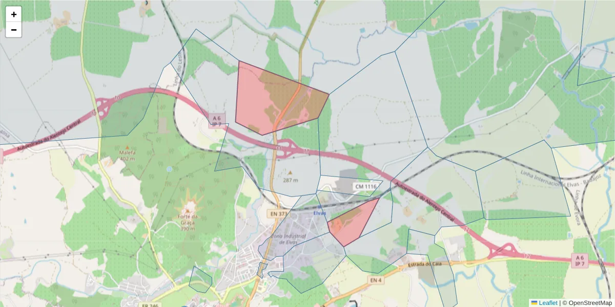 Mapa detalhado do código postal 7350-227 com limites, códigos postais vizinhos e agências dos correios