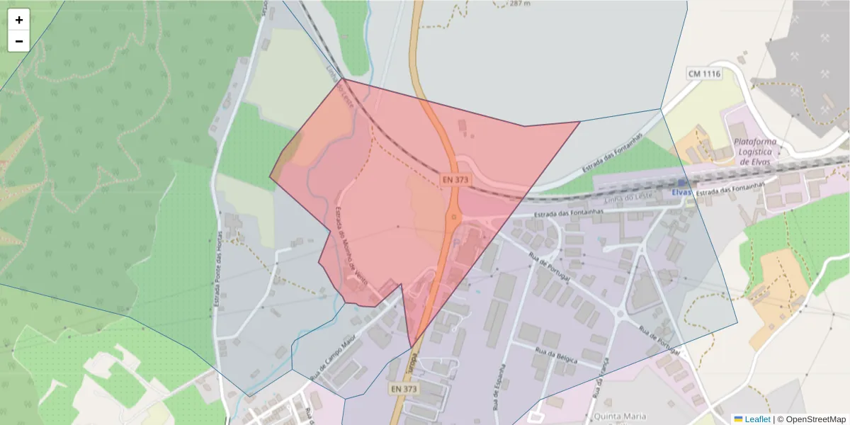 Mapa detalhado do código postal 7350-230 com limites, códigos postais vizinhos e agências dos correios