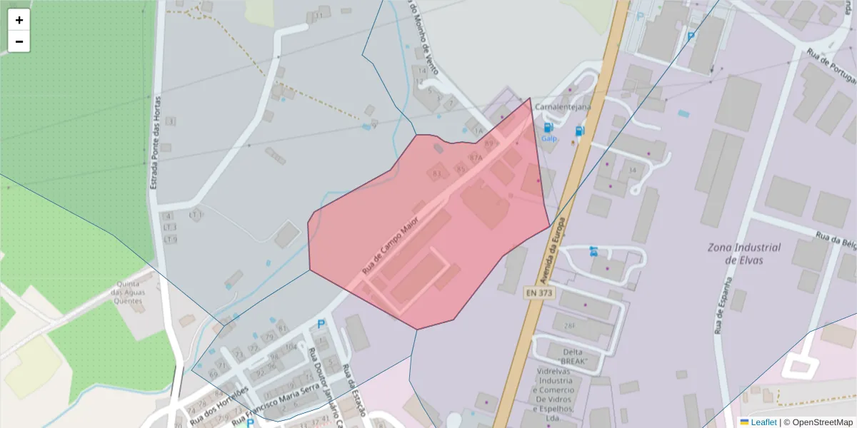 Mapa detalhado do código postal 7350-255 com limites, códigos postais vizinhos e agências dos correios