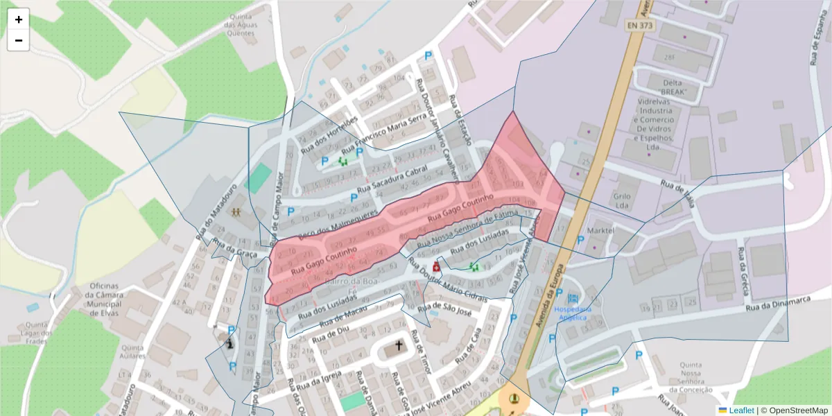 Mapa detalhado do código postal 7350-273 com limites, códigos postais vizinhos e agências dos correios