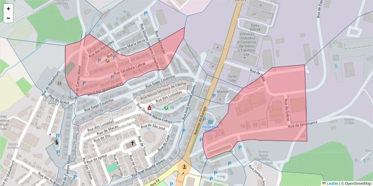 Mapa detalhado do código postal 7350-280 com limites, códigos postais vizinhos e agências dos correios