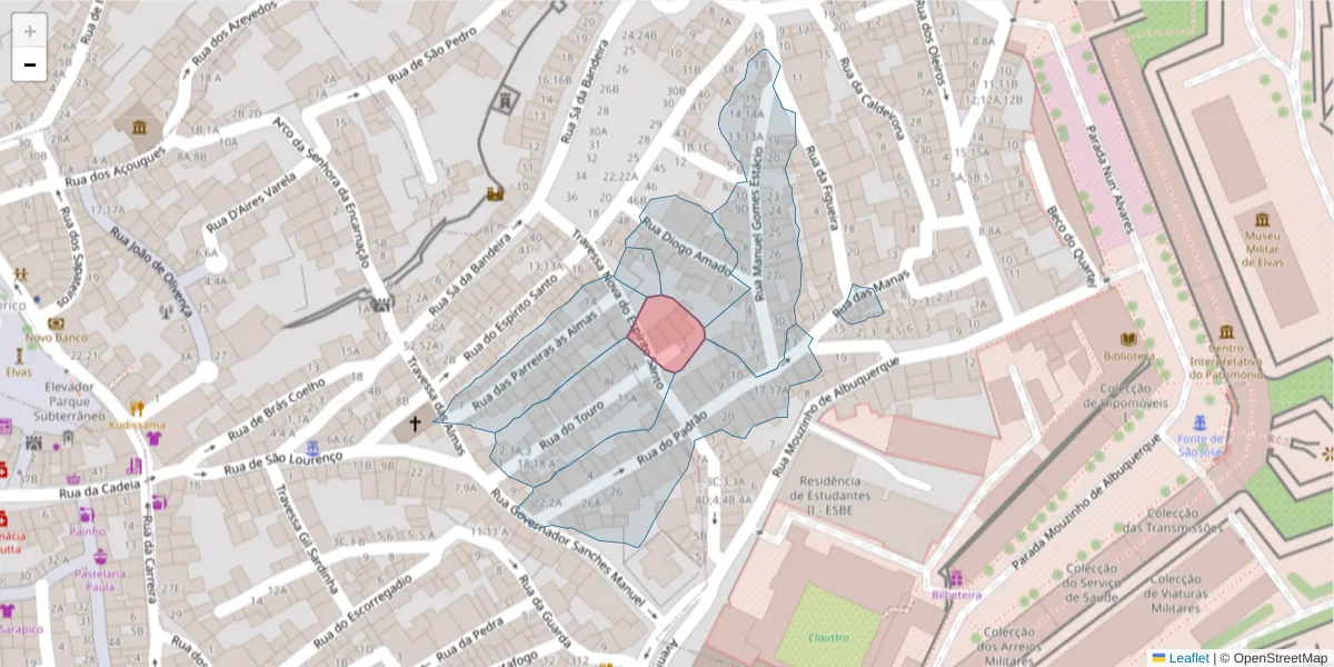 Mapa detalhado do código postal 7350-285 com limites, códigos postais vizinhos e agências dos correios