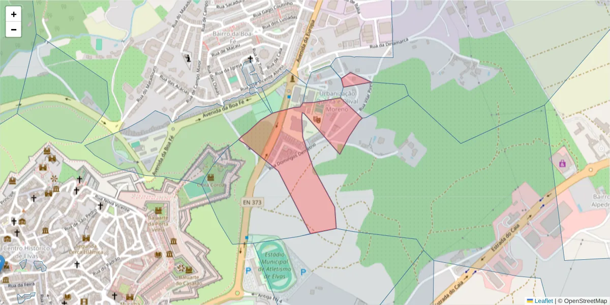 Mapa detalhado do código postal 7350-294 com limites, códigos postais vizinhos e agências dos correios