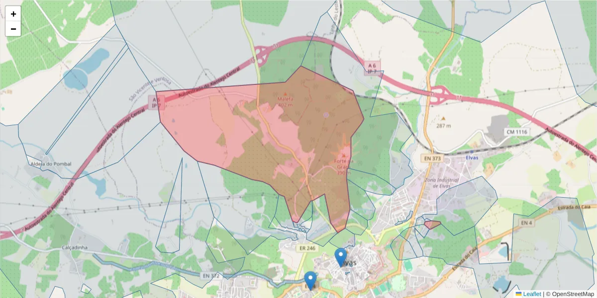 Mapa detalhado do código postal 7350-410 com limites, códigos postais vizinhos e agências dos correios