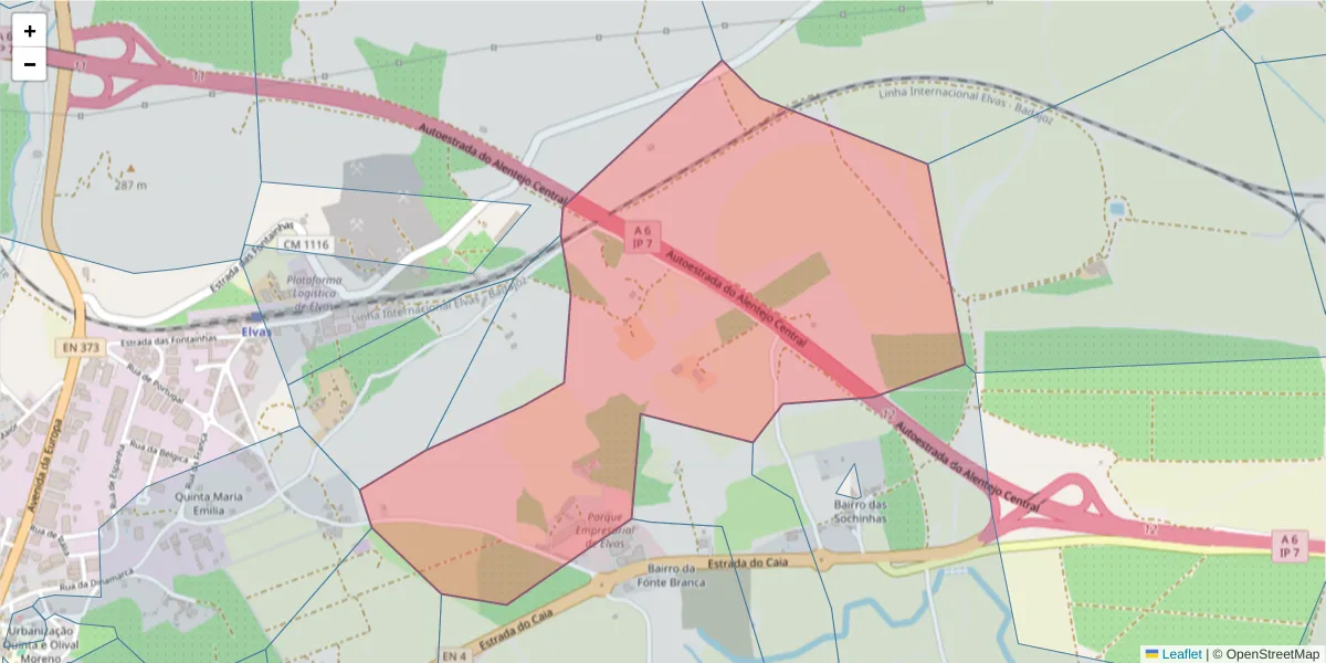 Mapa detalhado do código postal 7350-444 com limites, códigos postais vizinhos e agências dos correios