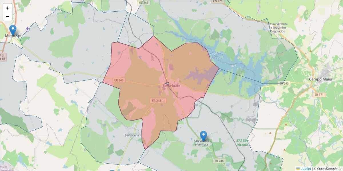 Mapa detalhado do código postal 7350-451 com limites, códigos postais vizinhos e agências dos correios