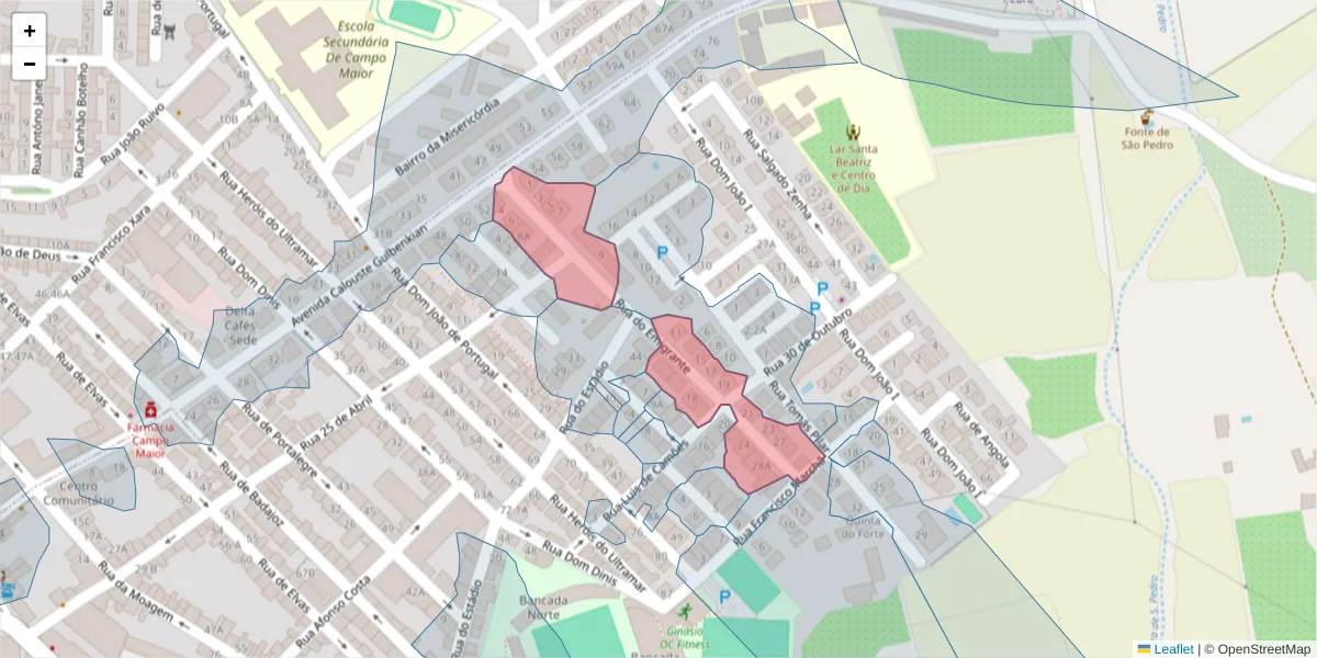 Mapa detalhado do código postal 7370-018 com limites, códigos postais vizinhos e agências dos correios