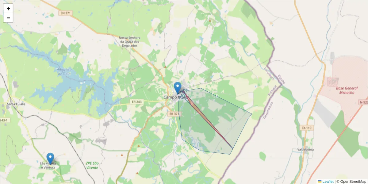 Mapa detalhado do código postal 7370-023 com limites, códigos postais vizinhos e agências dos correios