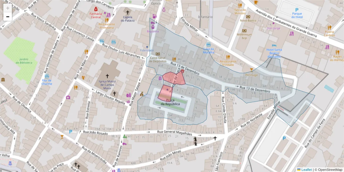 Mapa detalhado do código postal 7370-034 com limites, códigos postais vizinhos e agências dos correios