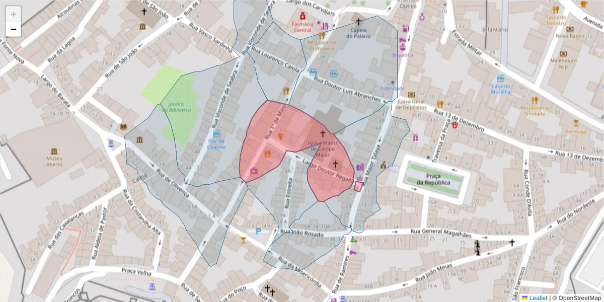 Mapa detalhado do código postal 7370-047 com limites, códigos postais vizinhos e agências dos correios