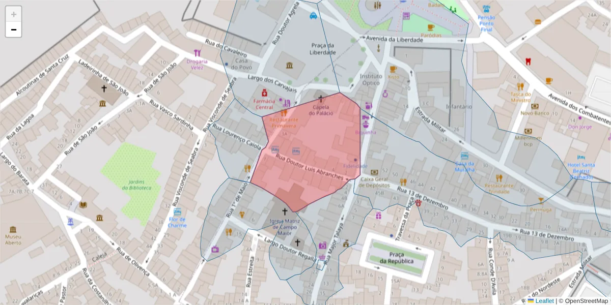 Mapa detalhado do código postal 7370-048 com limites, códigos postais vizinhos e agências dos correios