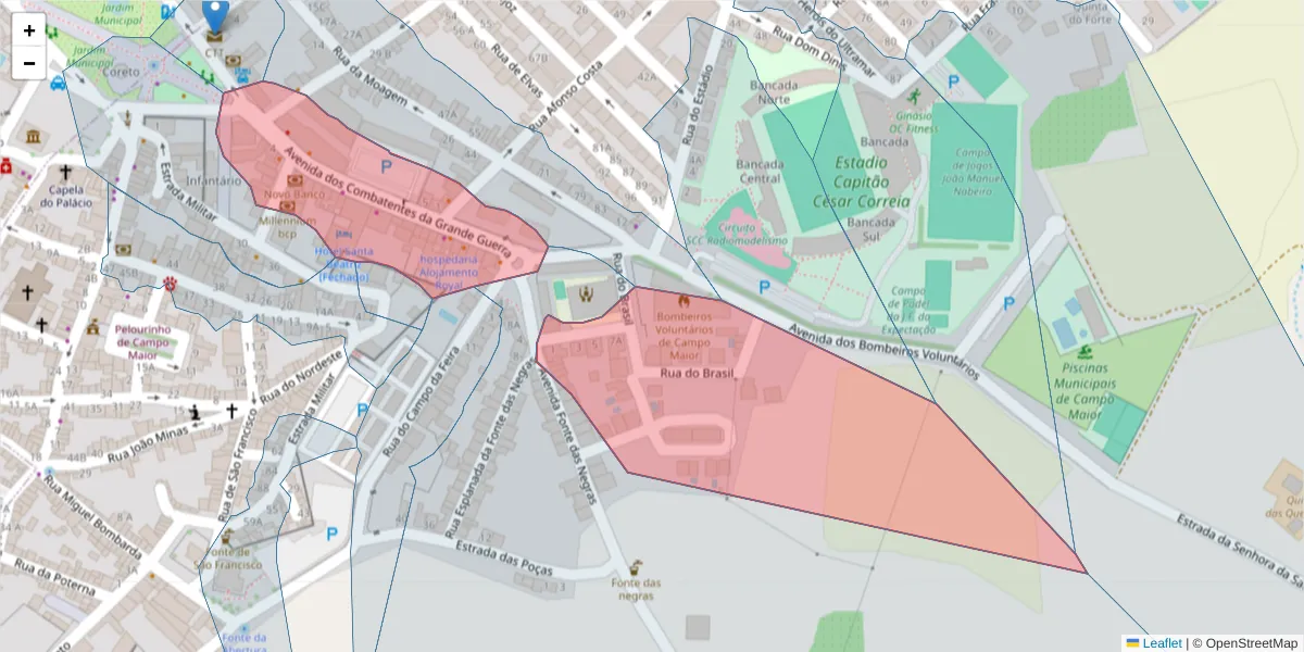 Mapa detalhado do código postal 7370-050 com limites, códigos postais vizinhos e agências dos correios