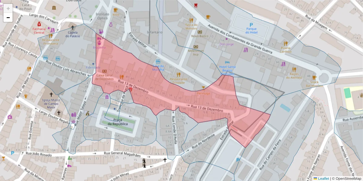 Mapa detalhado do código postal 7370-059 com limites, códigos postais vizinhos e agências dos correios
