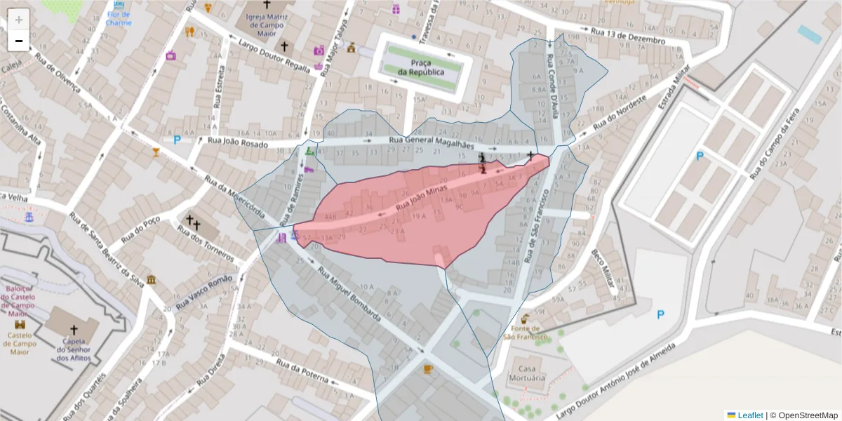 Mapa detalhado do código postal 7370-061 com limites, códigos postais vizinhos e agências dos correios