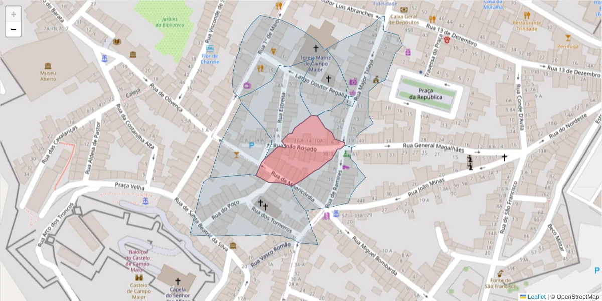 Mapa detalhado do código postal 7370-071 com limites, códigos postais vizinhos e agências dos correios