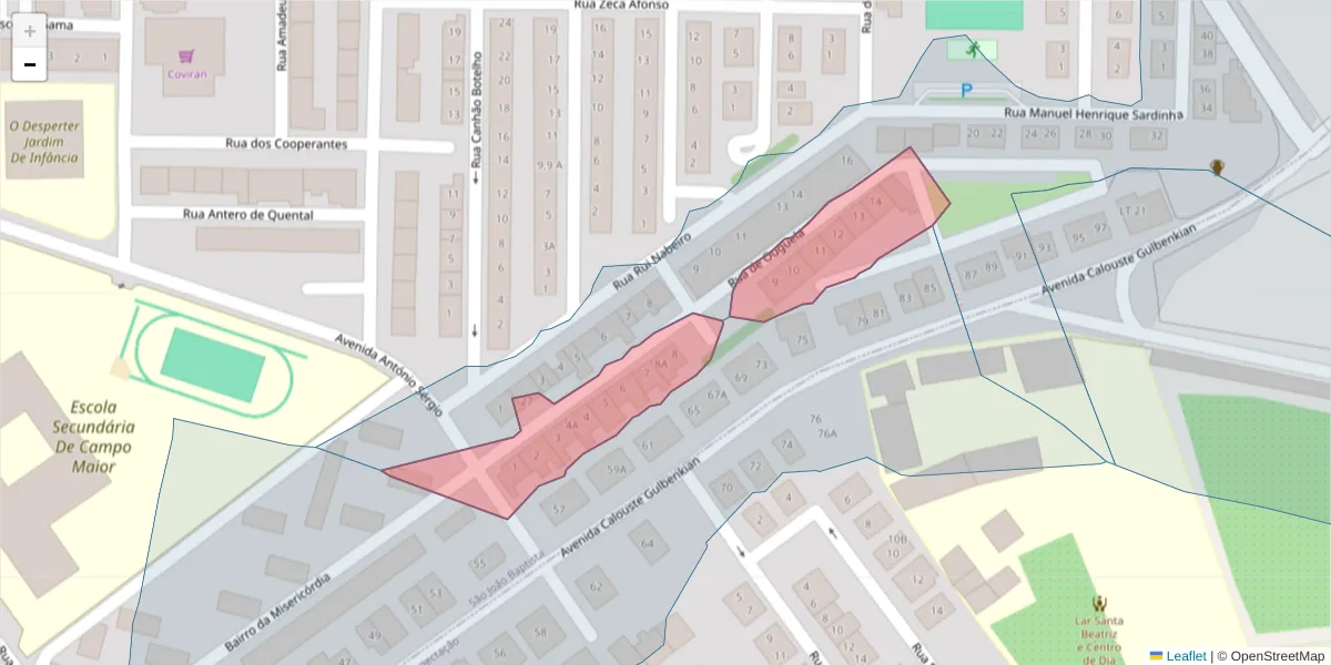 Mapa detalhado do código postal 7370-086 com limites, códigos postais vizinhos e agências dos correios