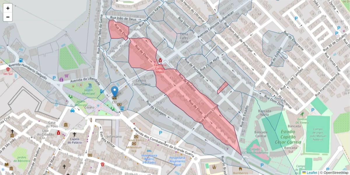 Mapa detalhado do código postal 7370-097 com limites, códigos postais vizinhos e agências dos correios