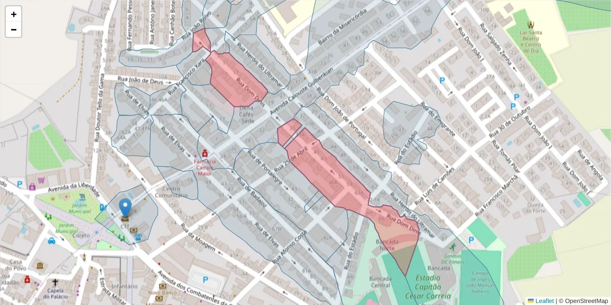 Mapa detalhado do código postal 7370-100 com limites, códigos postais vizinhos e agências dos correios