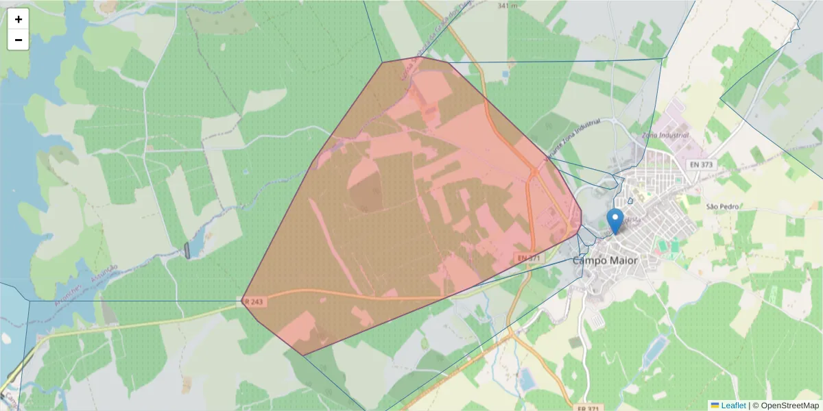 Mapa detalhado do código postal 7370-201 com limites, códigos postais vizinhos e agências dos correios