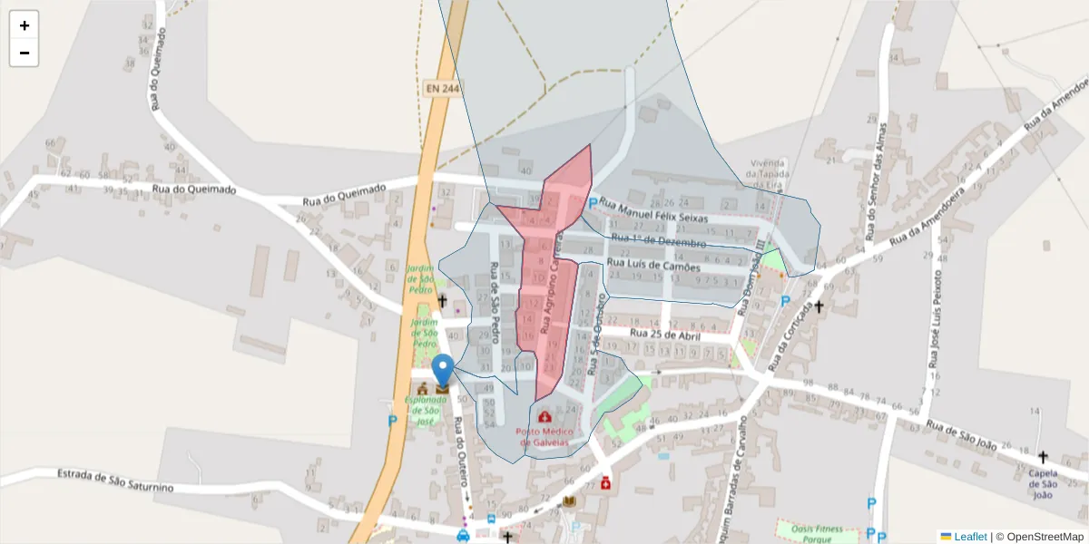 Mapa detalhado do código postal 7400-011 com limites, códigos postais vizinhos e agências dos correios