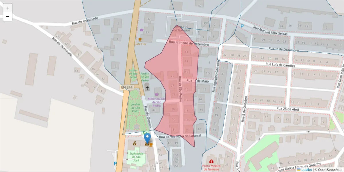 Mapa detalhado do código postal 7400-012 com limites, códigos postais vizinhos e agências dos correios