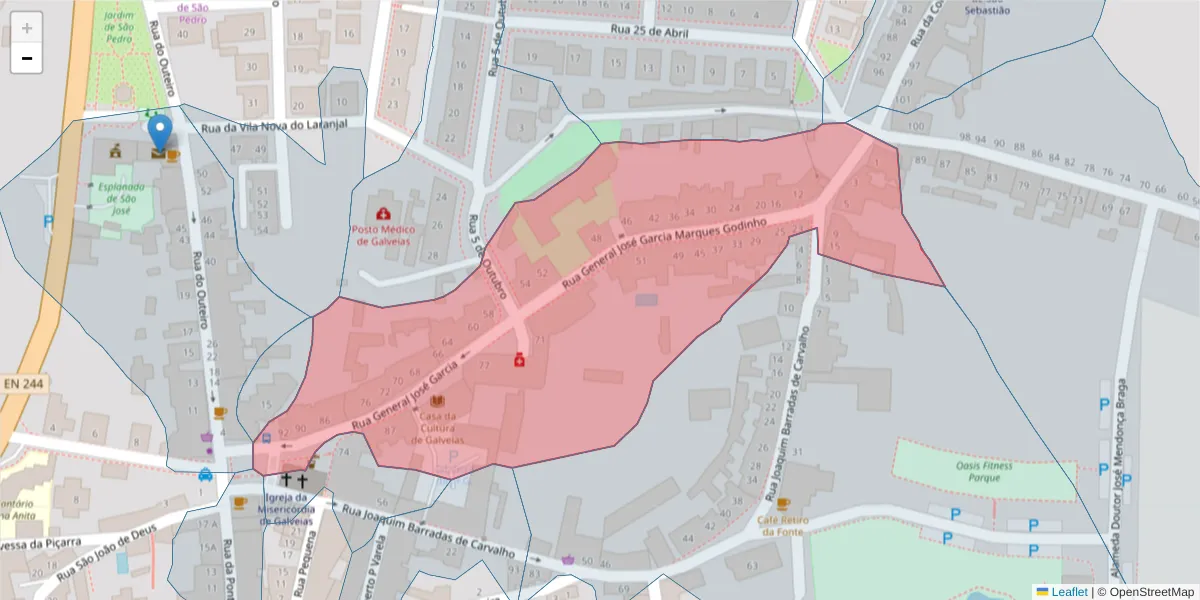 Mapa detalhado do código postal 7400-015 com limites, códigos postais vizinhos e agências dos correios