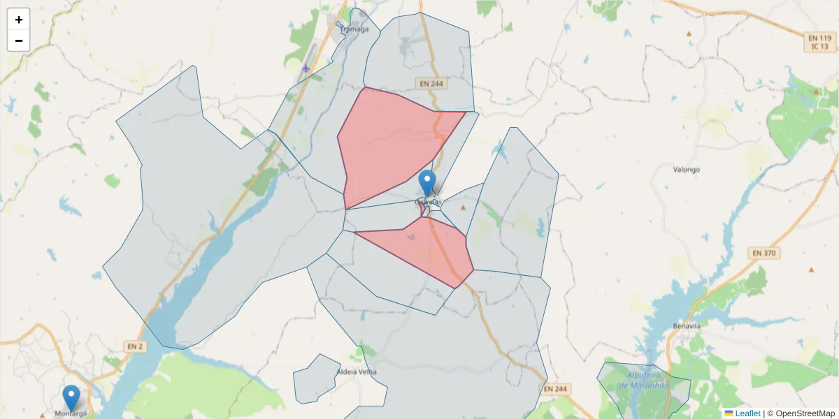 Mapa detalhado do código postal 7400-016 com limites, códigos postais vizinhos e agências dos correios