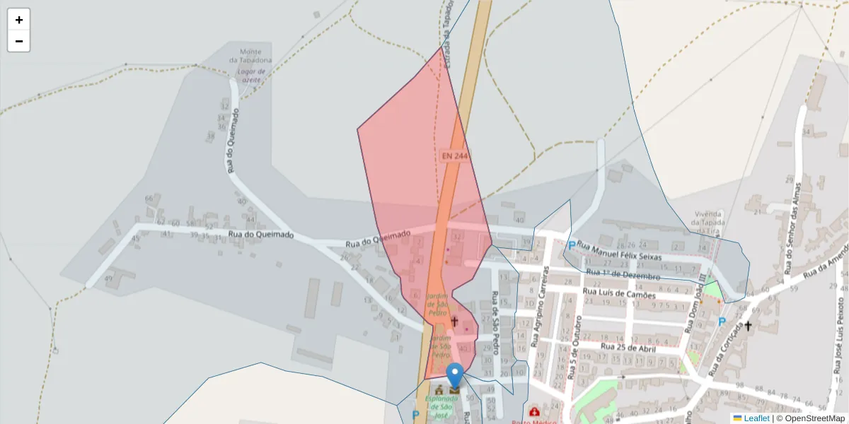 Mapa detalhado do código postal 7400-022 com limites, códigos postais vizinhos e agências dos correios