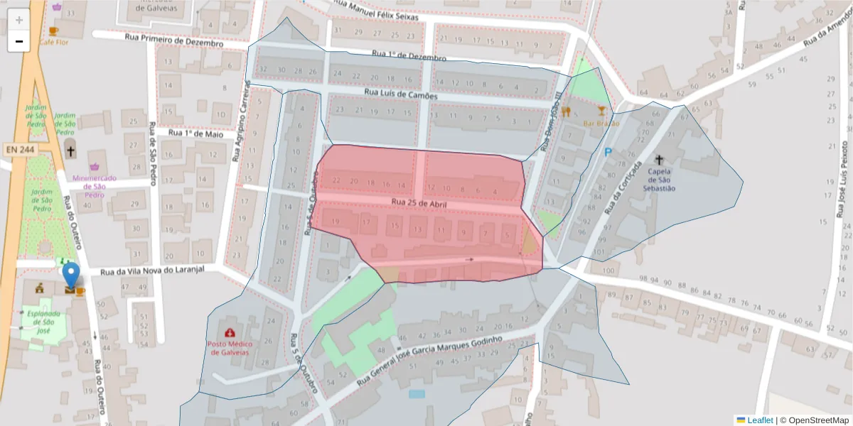 Mapa detalhado do código postal 7400-025 com limites, códigos postais vizinhos e agências dos correios