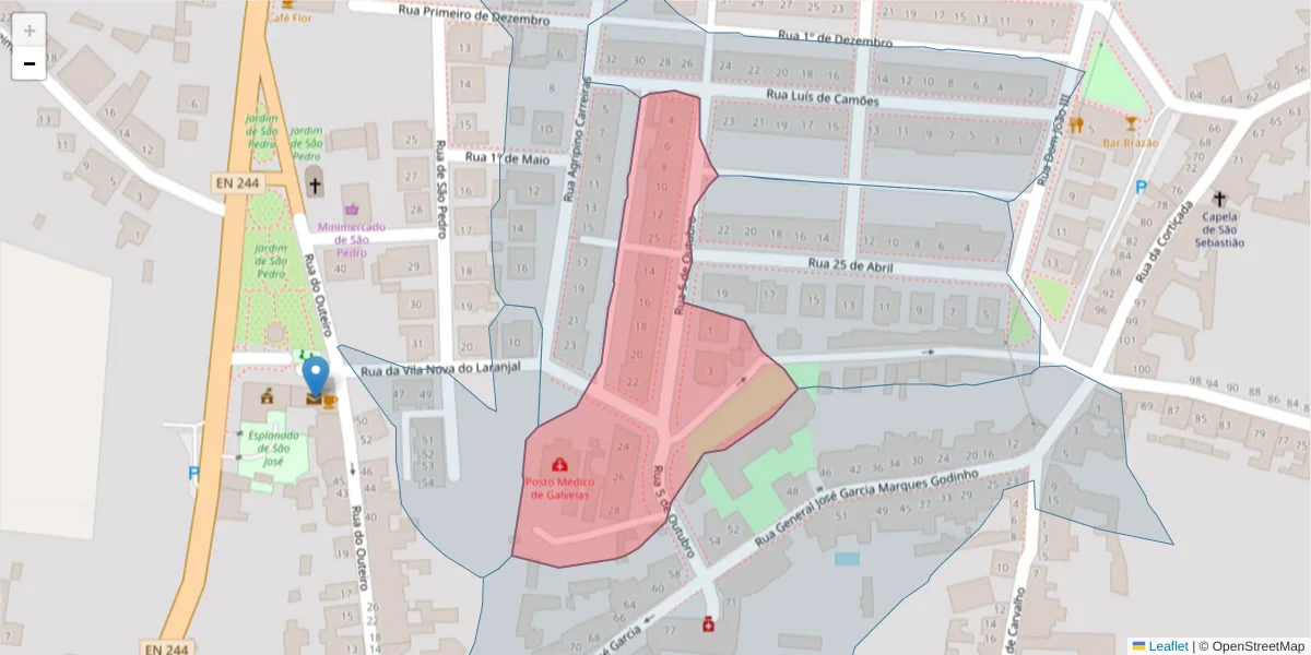 Mapa detalhado do código postal 7400-026 com limites, códigos postais vizinhos e agências dos correios