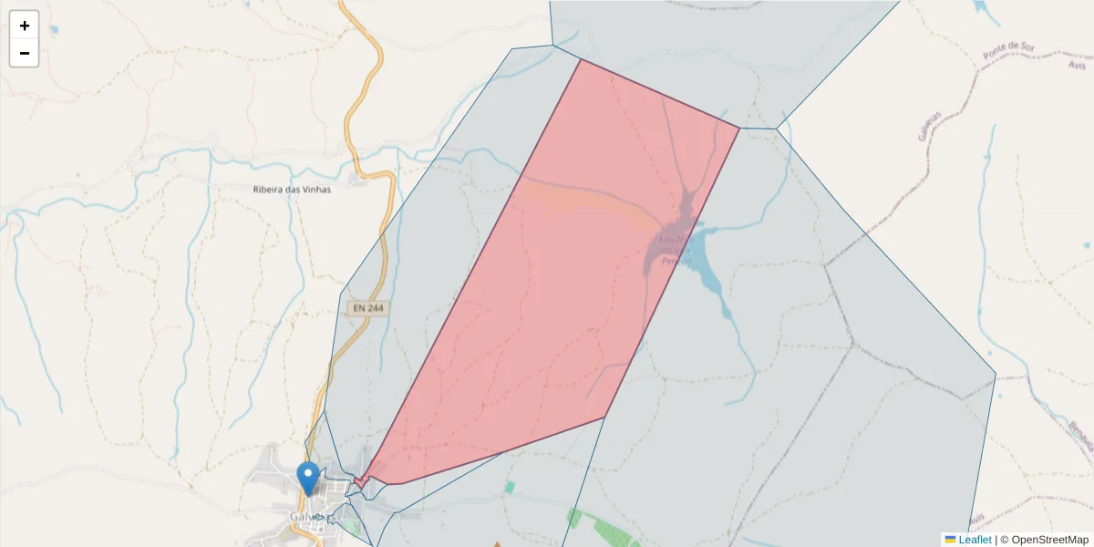Mapa detalhado do código postal 7400-027 com limites, códigos postais vizinhos e agências dos correios