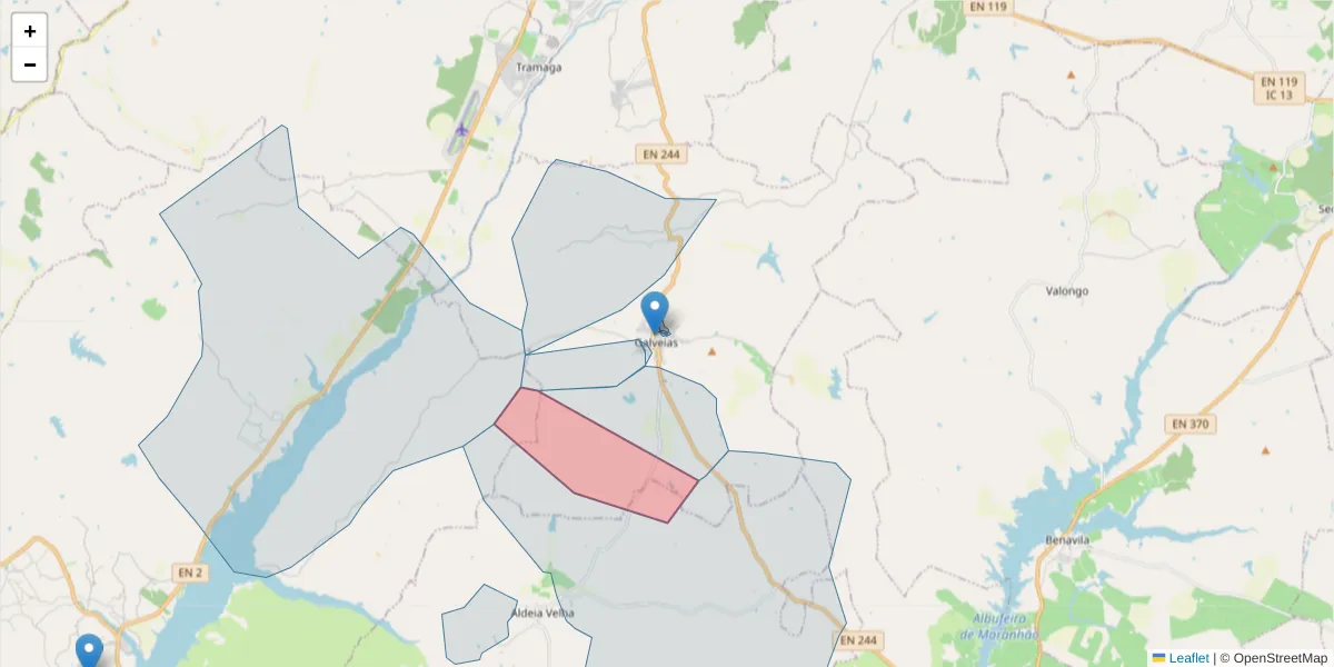 Mapa detalhado do código postal 7400-036 com limites, códigos postais vizinhos e agências dos correios