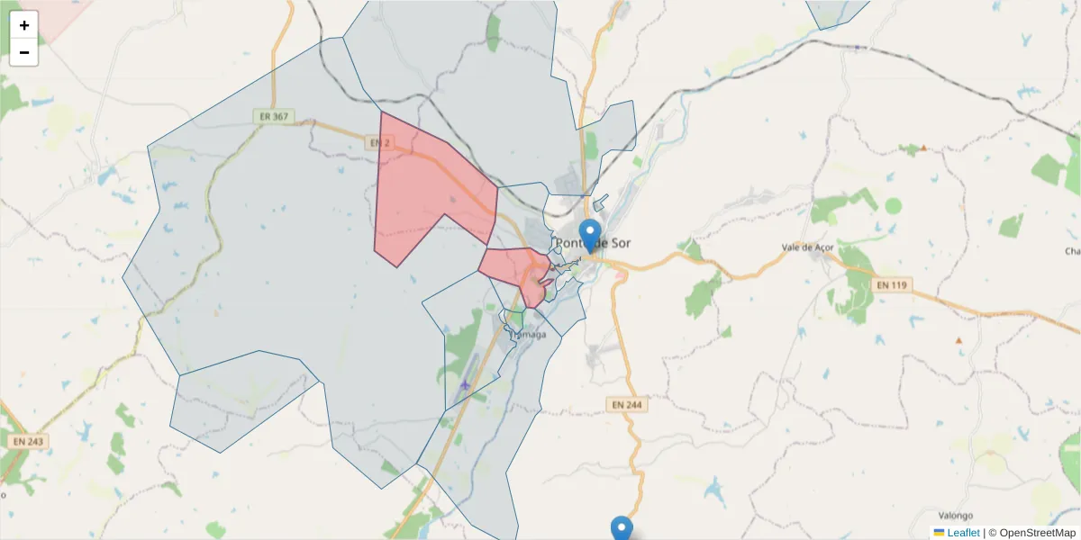 Mapa detalhado do código postal 7400-118 com limites, códigos postais vizinhos e agências dos correios